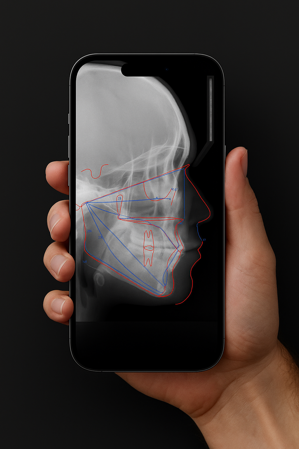 CephNinja app showing AI-powered cephalometric analysis on iPhone - lateral cephalogram with automated landmark detection